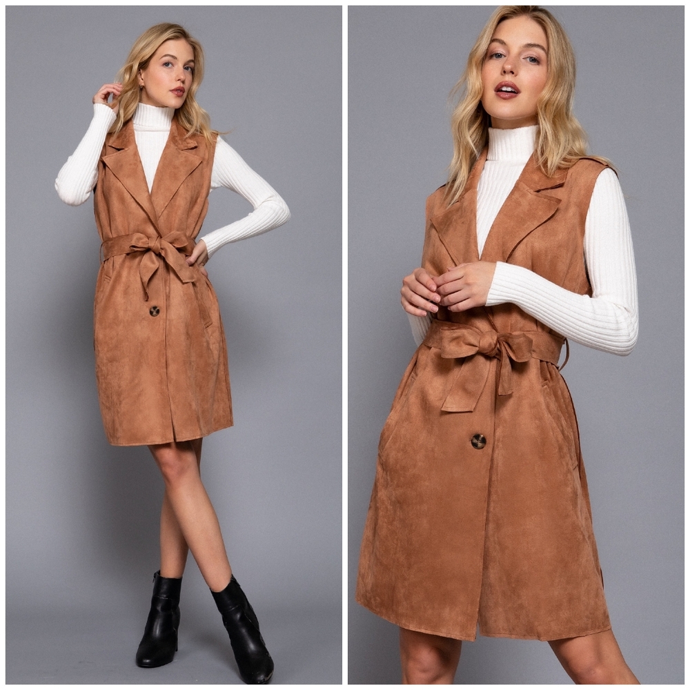 Sleeveless Faux Suede Tie-Waist Vest in Tan